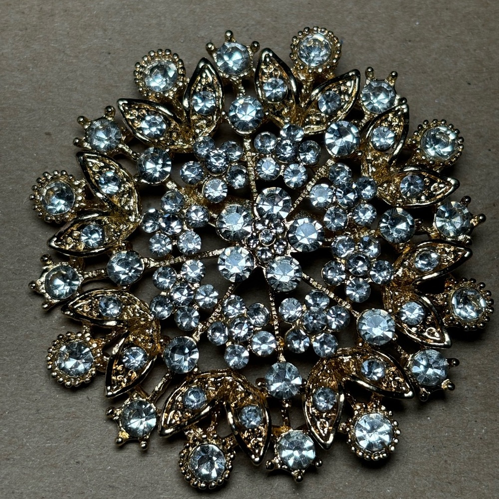Elegant Gold and Crystal with Diamond Studs Brooch